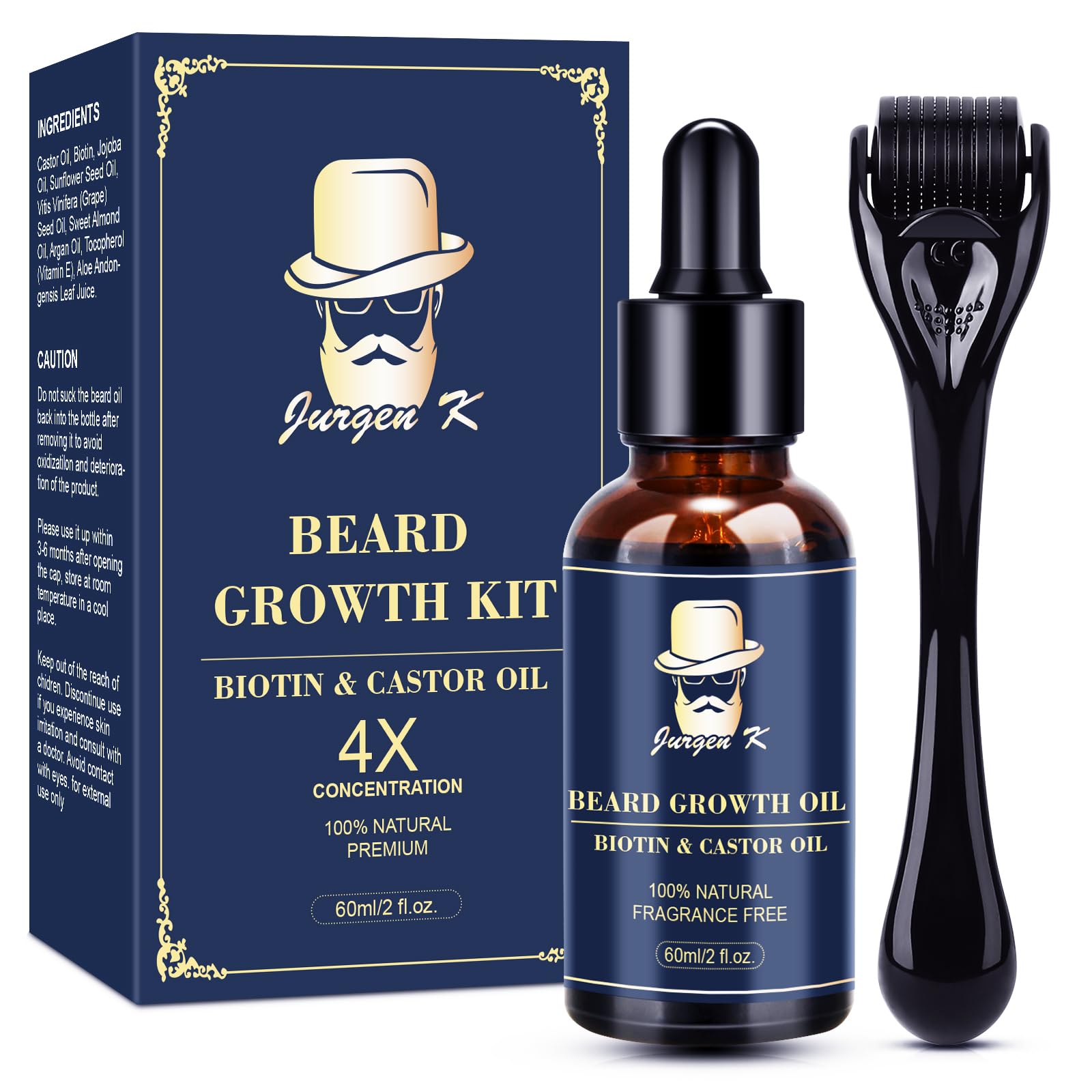 Jurgen K Beard Growth Kit, Upgraded Beard Growth Oil (2Oz) w/Biotin & Castor Oil, Beard Massager for Patchy/Spot Beard, Beard Kit for Men's Daily Grooming, Valentines Gifts for Him Boyfriend Husband