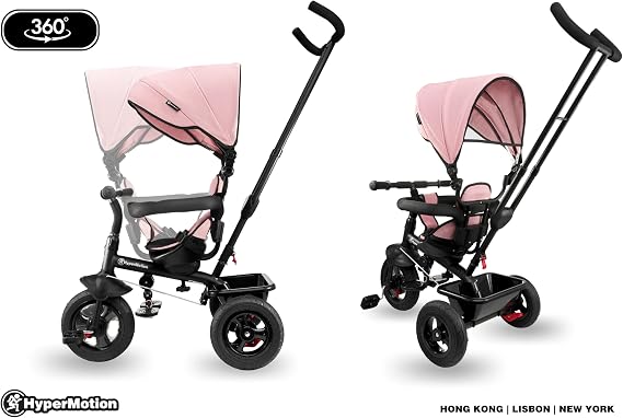 HyperMotion Toddler Tricycle with Parent Handle - Adjustable Push Bar Trike for Ages 1-4, Removable Canopy & Safety Belt - Lightweight Kids Bike with Storage Basket (Pink)