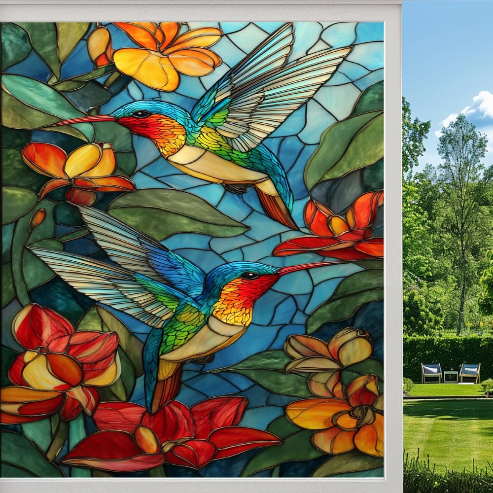 Pmlbaous Natural Bird Stained Glass Window Film, Colorful Tropical Hummingbird Flowers Peel And Stick Privacy Film, Frosted Adhesive Vinyl Decorative For Bathroom Windows Glass Doors, （40X90cm）