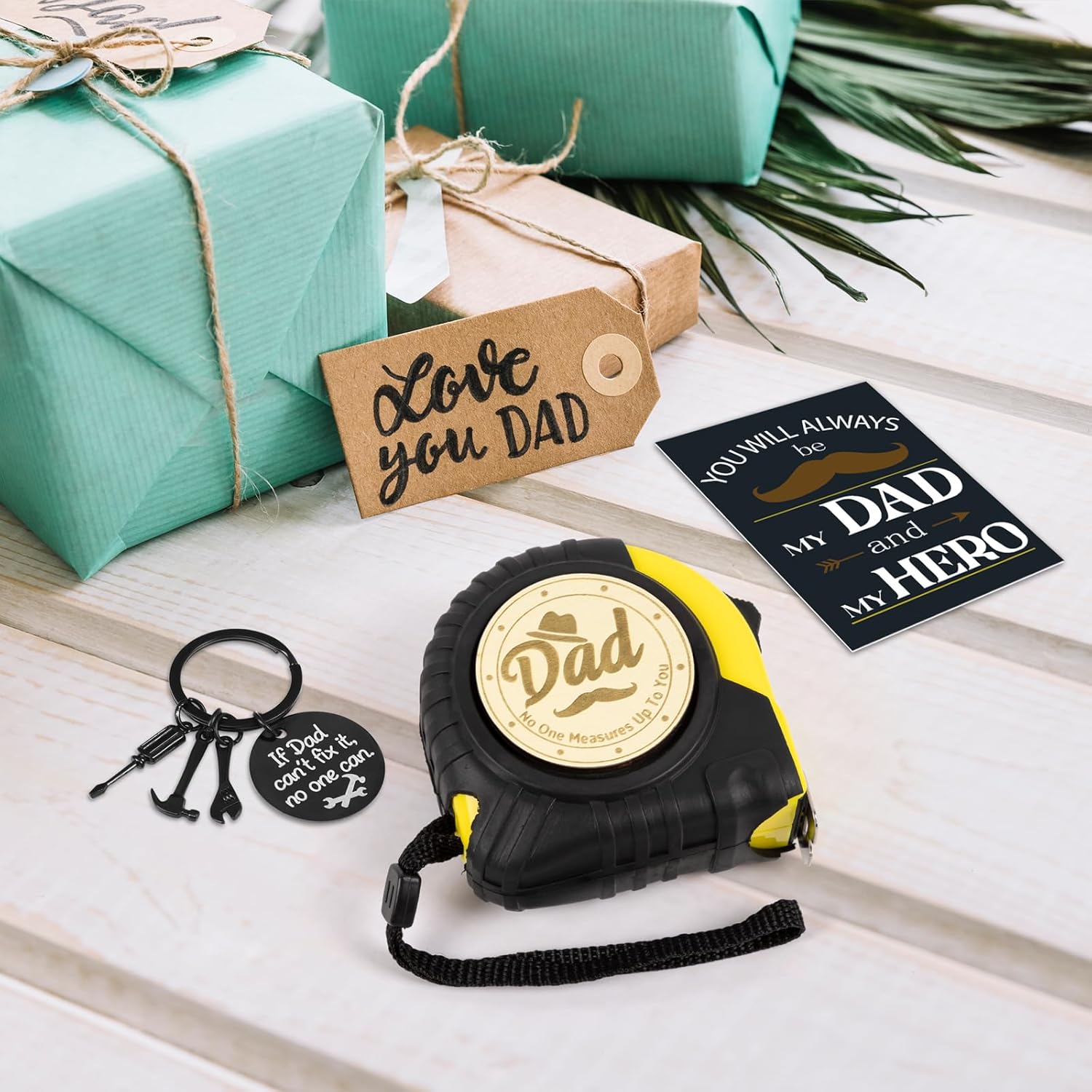 Father's Day Gifts Set: 25FT No One Measures Up to You Tape Measure & If Dad Can't fix it,no one can Keychain for Dad Birthday Christmas Gag Gift from Daughter, Son, Wife with Socks