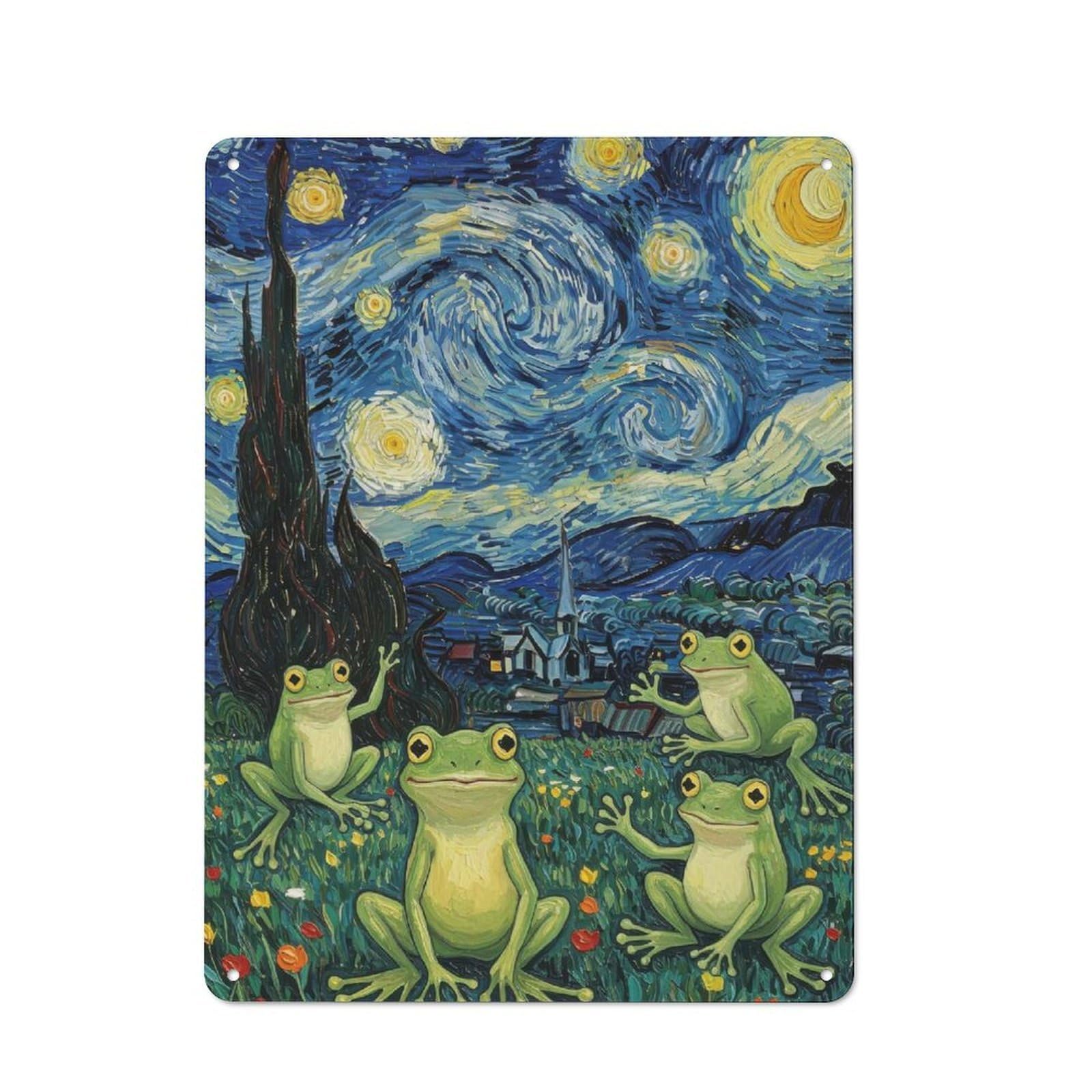 Junmoney Frogs In Starry Night Parody Metal Wall Sign 40X30cm Featuring For Garage Wall, For Kitchen, Dining Room And Home Bar Wall Decor