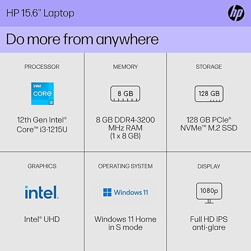 Miniatura 2 de HP Portátil de 15 pulgadas, pantalla FHD, Intel Core i3-1215U, 8 GB de RAM, SSD de 128 GB, gráficos Intel UHD, Windows 11 Home en modo S,