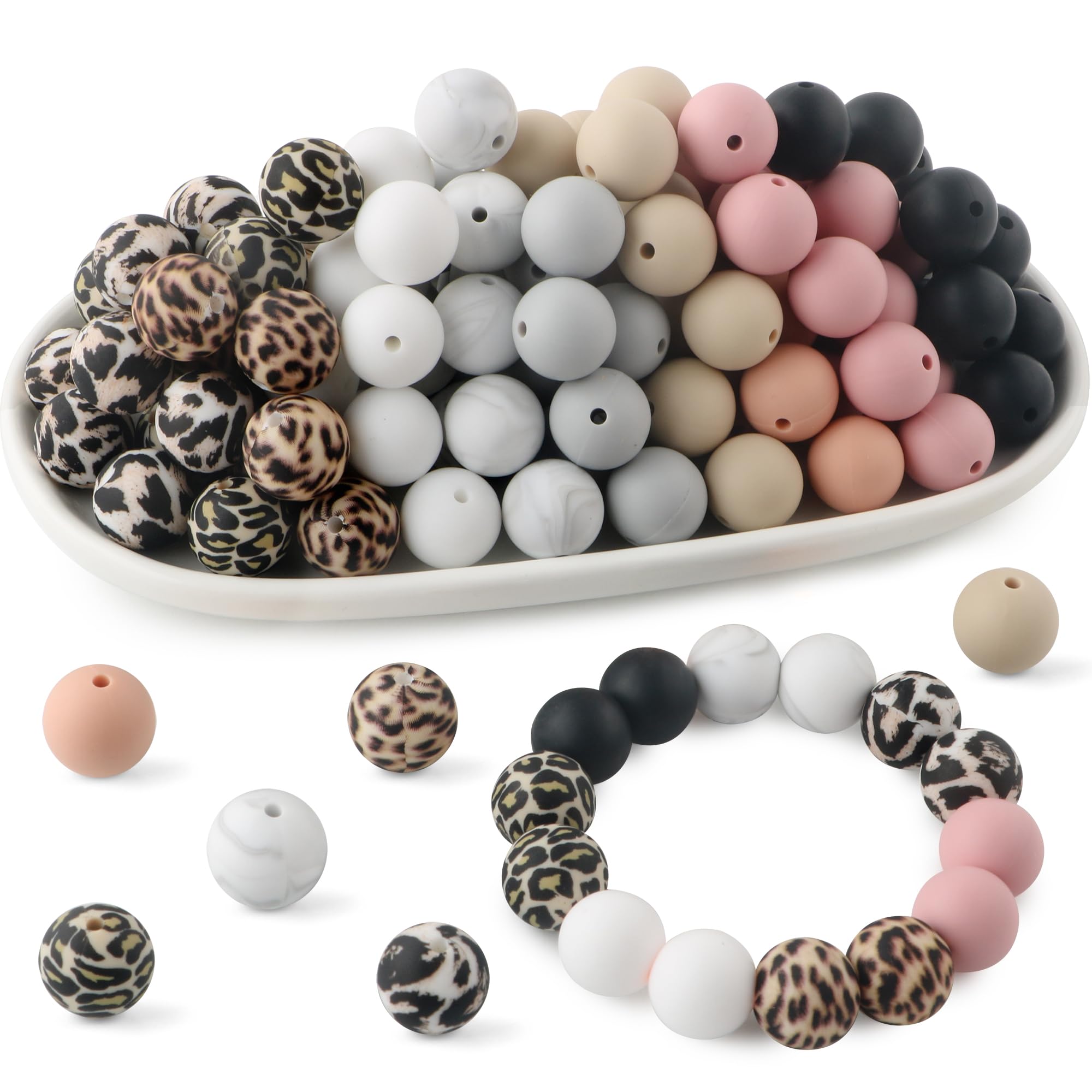 70Pcs Print Silicone Beads for Keychain Making,Round 15mm Silicone Beads for Pens, Necklace and Bracelets MakingClassic Leopard D-Classic Leopard