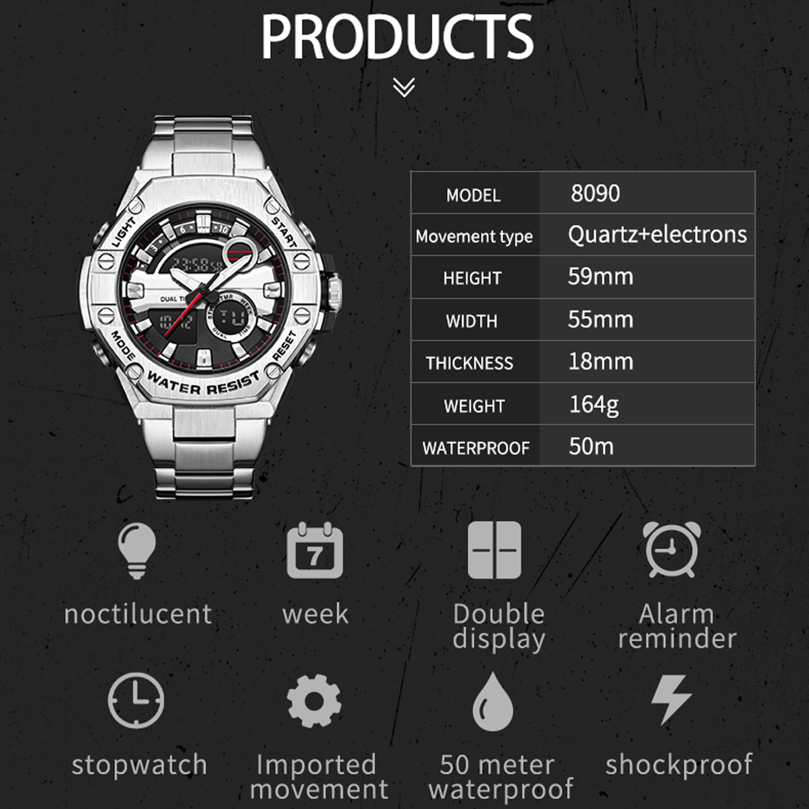 Herrenuhr Silber Edelstahl Digital Uhr Chronograph Herren Armbanduhr Seniorenuhr 5 ATM Wasserdicht Großes Ziffernblatt Militär Leuchtende Klassisch Elegant Elektronisch Analog Quarz Watches for Men