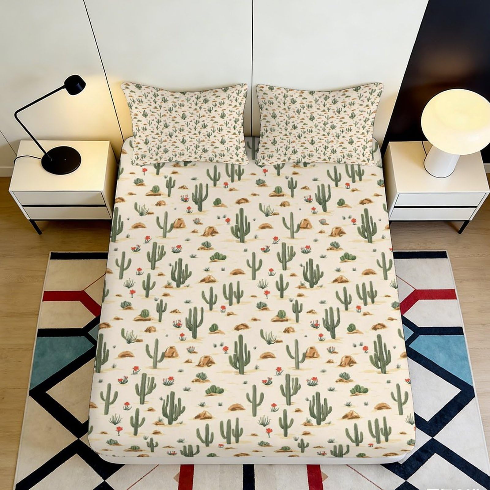 3D Printed Cactus Desert Fitted Sheet Microfiber Soft Breathable Succulent Landscape Mattress Cover for Bedroom Guest Room Decor 180x200x25cm