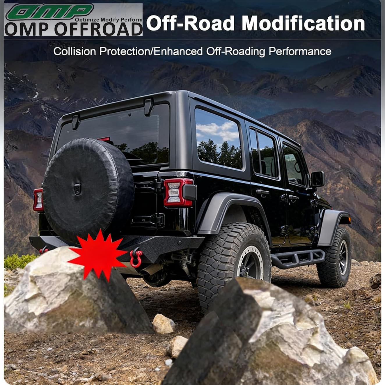 OMP Offroad Wrangler JL Rear Bumper compatible for Jeep Wrangler 2018-2025 - OffRoad Design with License Plate Mount Black Textured Steel, Heavy-Duty Protection