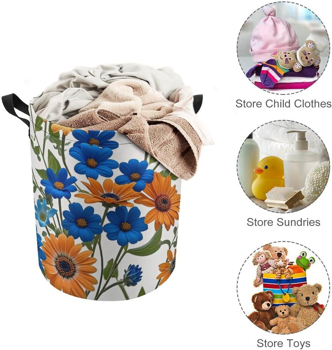 Blue And Orange Flowers on White Background Laundry Bag Large Collapsible Laundry Baskets Freestanding Waterproof Clothes Hamper with Handles & Drawstring for Laundry Room Bedroom Bathroom