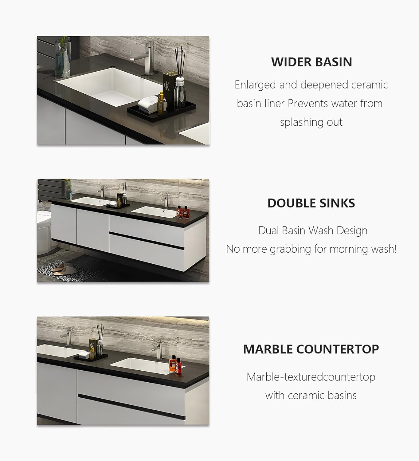 Wider basin, double sinks, and marble countertop