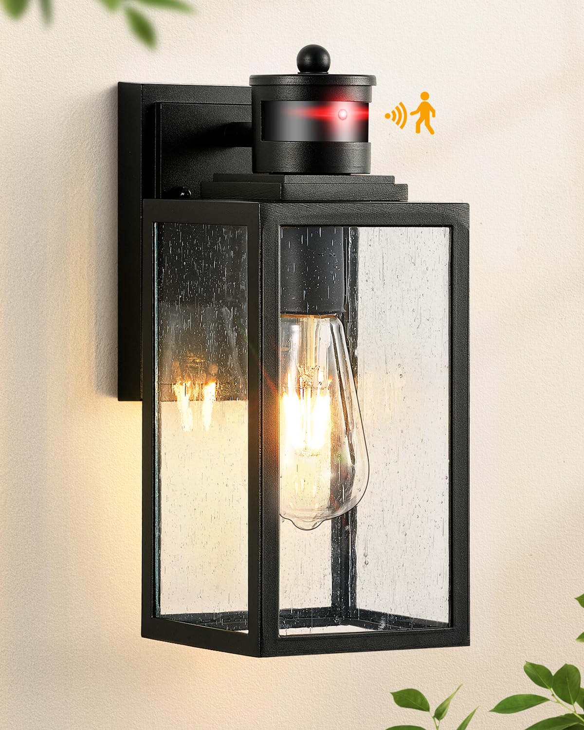 VIANIS Wall Lights Outdoor, Black Porch Light with Motion Sensor, Modern PIR Outside Lightfor House, Waterproof Outdoor Wall Sconce, Anti-Rust Aluminium Wall Lantern with Seed Glass for Garage, Patio
