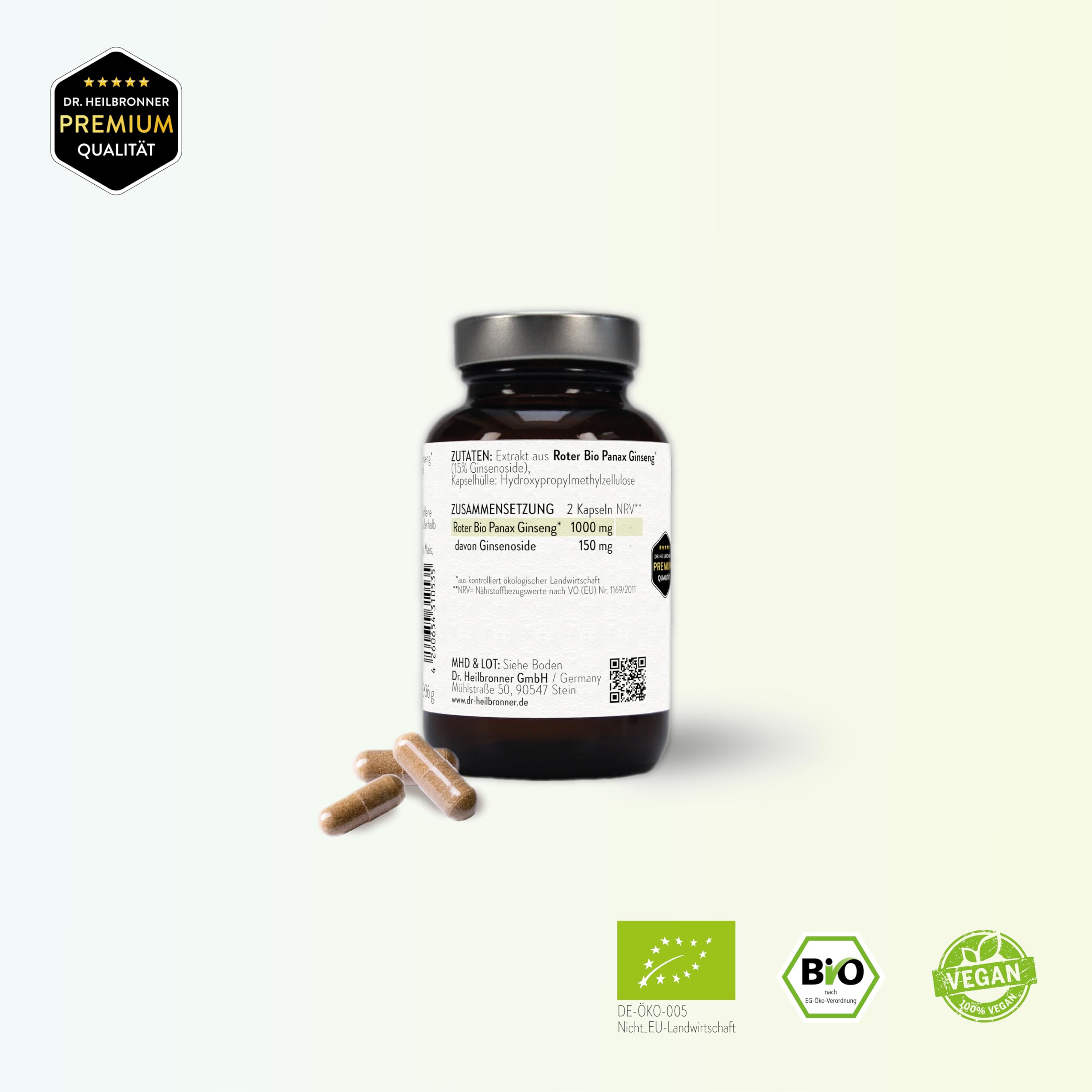 Dr. Heilbronner Bio Panax Ginseng - hochdosierter Wurzelextrakt - 60 Kapseln in der Glasflasche - Vegan