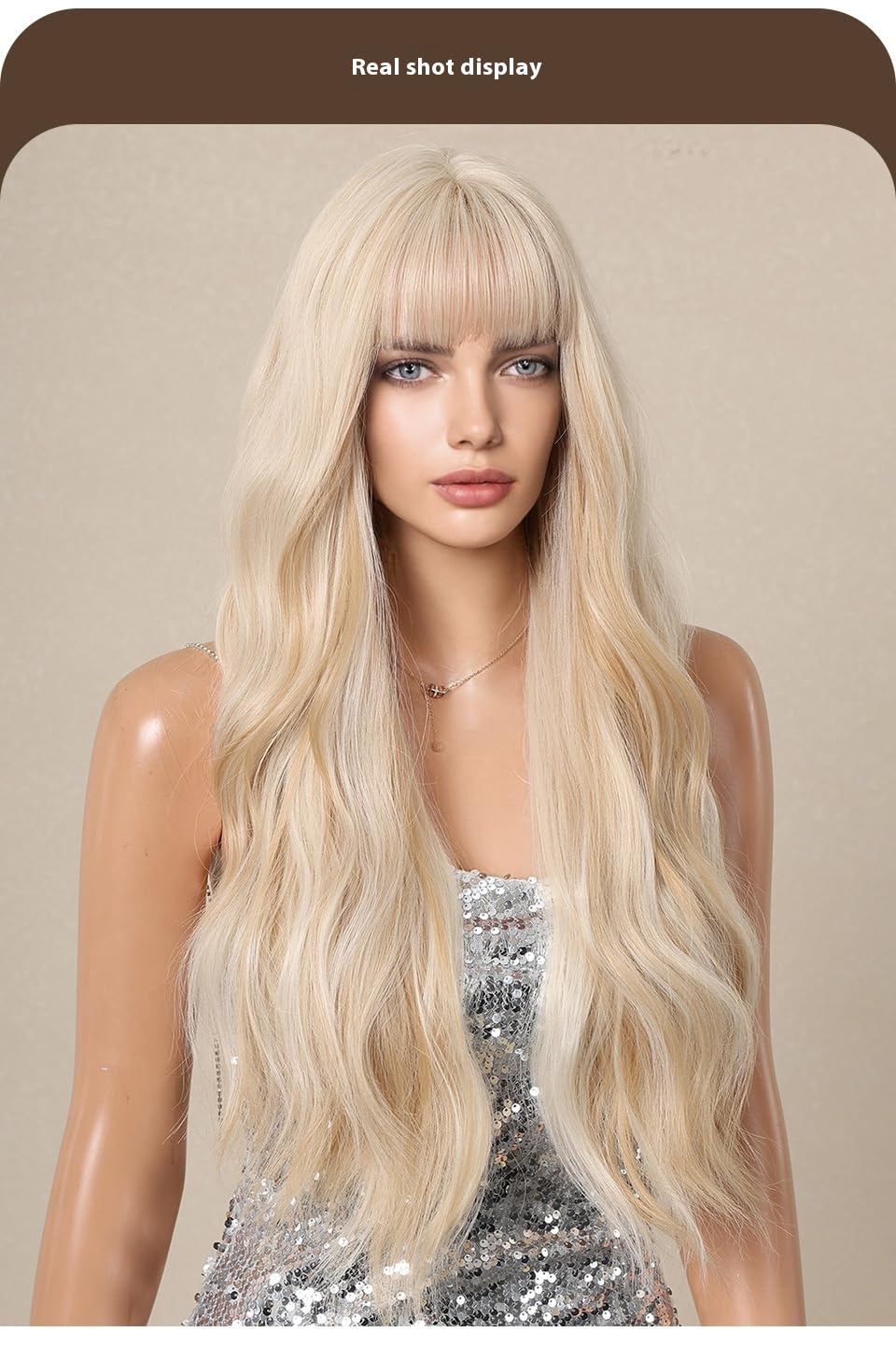 Women's Platinum Blonde Style Wavy Human Hair Wigs Long Big Curly Hair With Bangs Lightweight Breathable Glueless for Daily Use (Blonde-1,26inch)