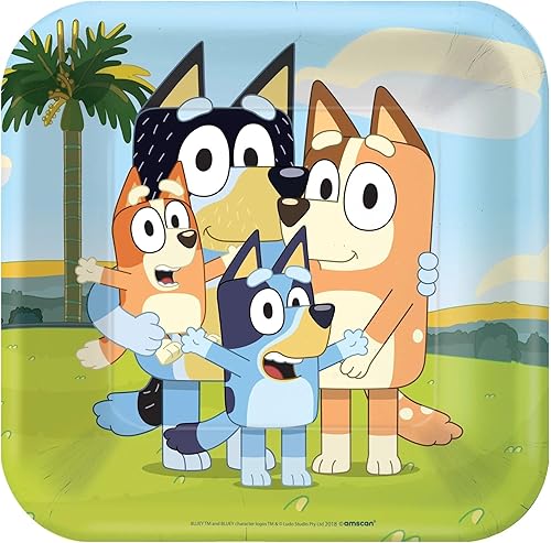 Amscan Platos cuadrados Bluey - 9 pulgadas  Multicolor  8 unidades.