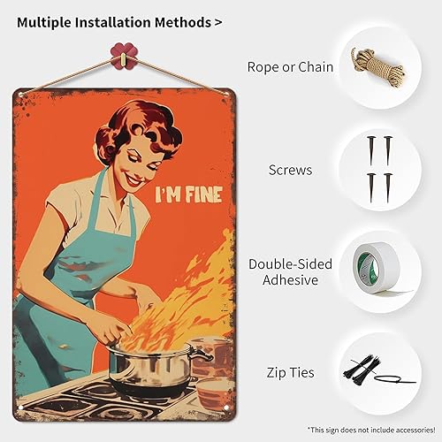 Miniatura 3 de Letrero de metal vintage divertido de cocina con texto en inglés "I'm Fine Happy Housewife Tin Signs" Retro 50s Fun Kitchen Cooking Flame Poster