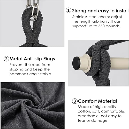 Miniatura 12 de Y- STOP Silla Hamaca Colgante Columpio de Cuerda, Máximo 500 Libras, 2 Cojines Incluidos, Silla Colgante Grande de Macramé con Bolsillo, Tejido