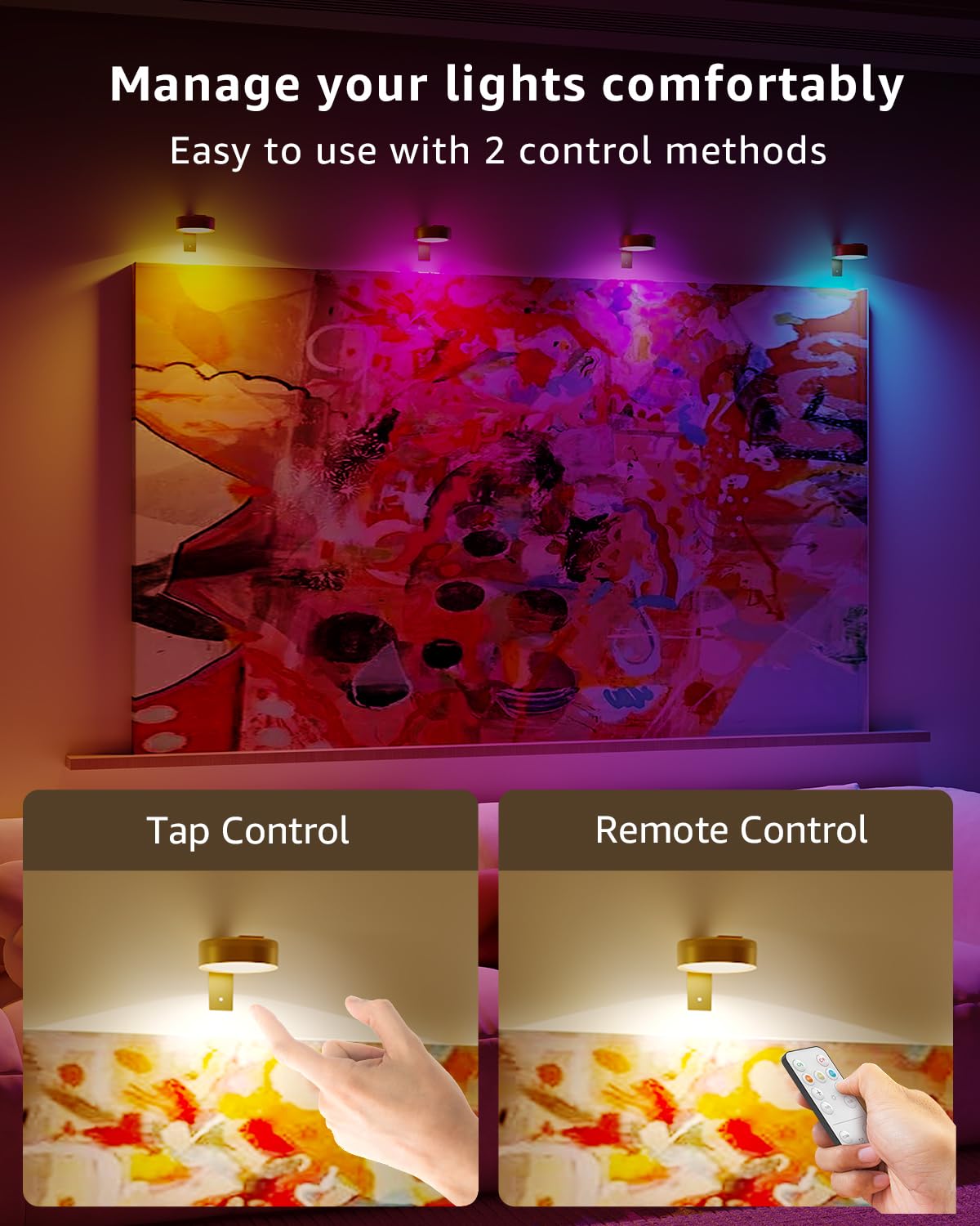 Spot LED Pour Tableau Sans Fil, 2600mAh Lampe Murale pour Tableau avec Telecommande Spot LED Rechargeable USB Aimanté Eclairage Tableaux Batterie Applique Murale Couleur pour Image Vitrine Art Dore