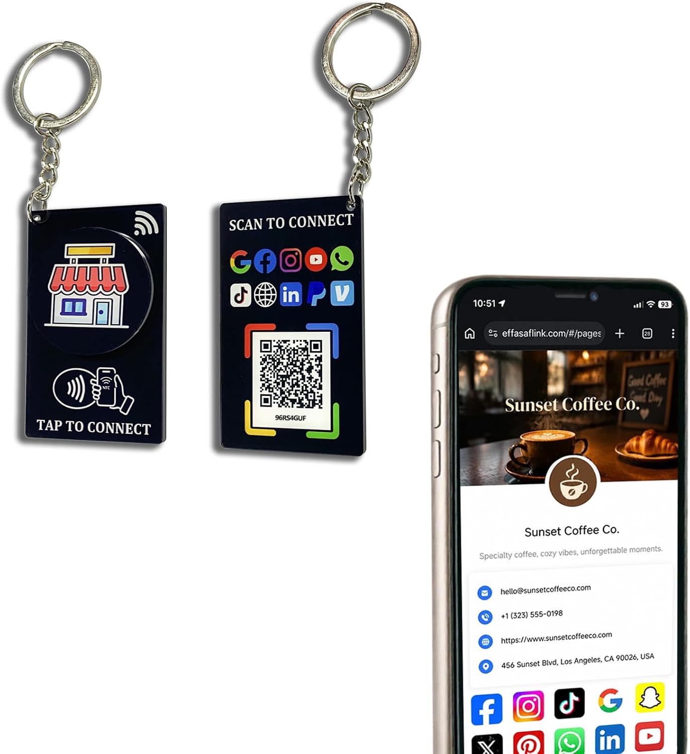 NFC Social Media & Digital Business Keychain with QR Code – Tap or Scan to Share –Rewritable Acrylic Smart Tag, No App