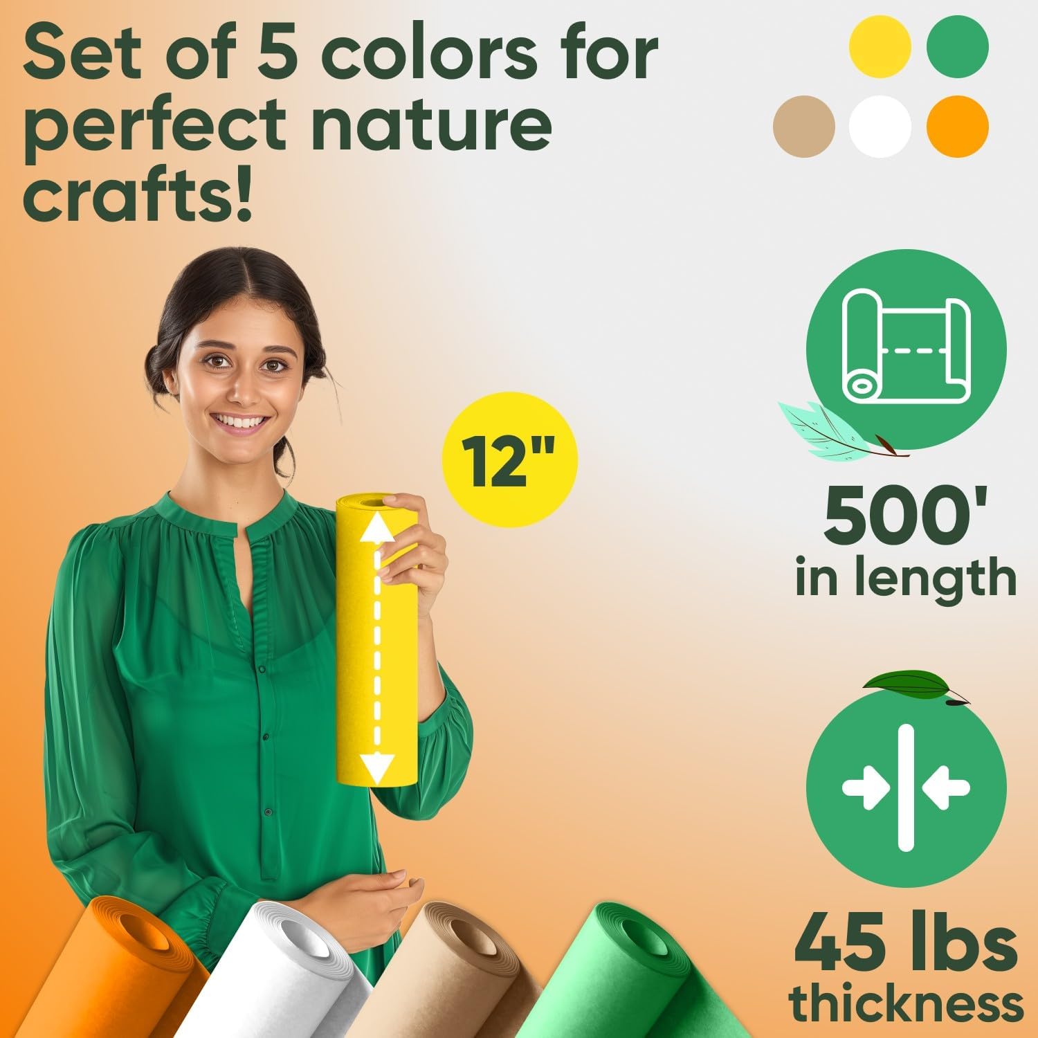 12" x 1200" (100 ft) Farm-Themed Kraft Paper Set, 45 Lbs - Brown, Green, Orange, Yellow, White Kraft Paper - Made in USA Colored Paper for Crafts, Appliques for Kids, DIY, Origami