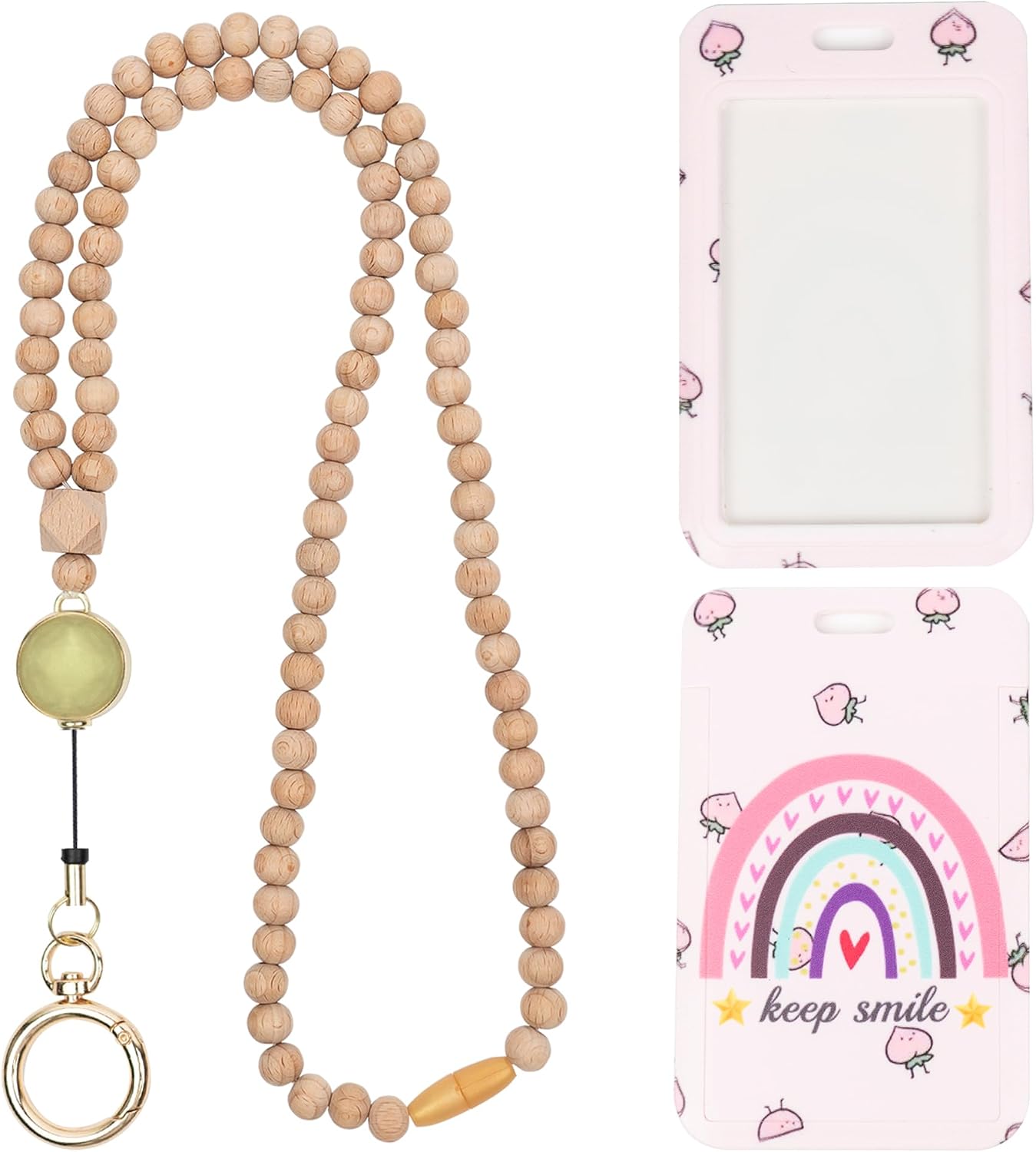 Retractable Wood Beaded Lanyards for Id Badge Holder, Teacher Breakaway Lanyard with Work Id Card Holder for Women Boho Beaded Wallet Lanyards for Key