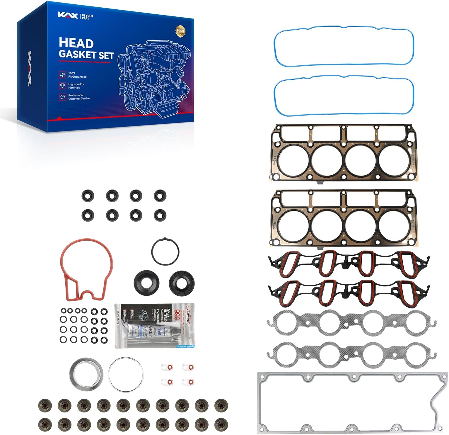 KAX Engine Cylinder Head Gasket Set Kit Compatible with Chevy Silverado 1500 Tahoe Suburban Avalanche Express 2500, GMC Sierra Yukon XL 1500 Savana, Cadillac Escalade, Hummer H3, 5.3L 4.8L, HS26191PT