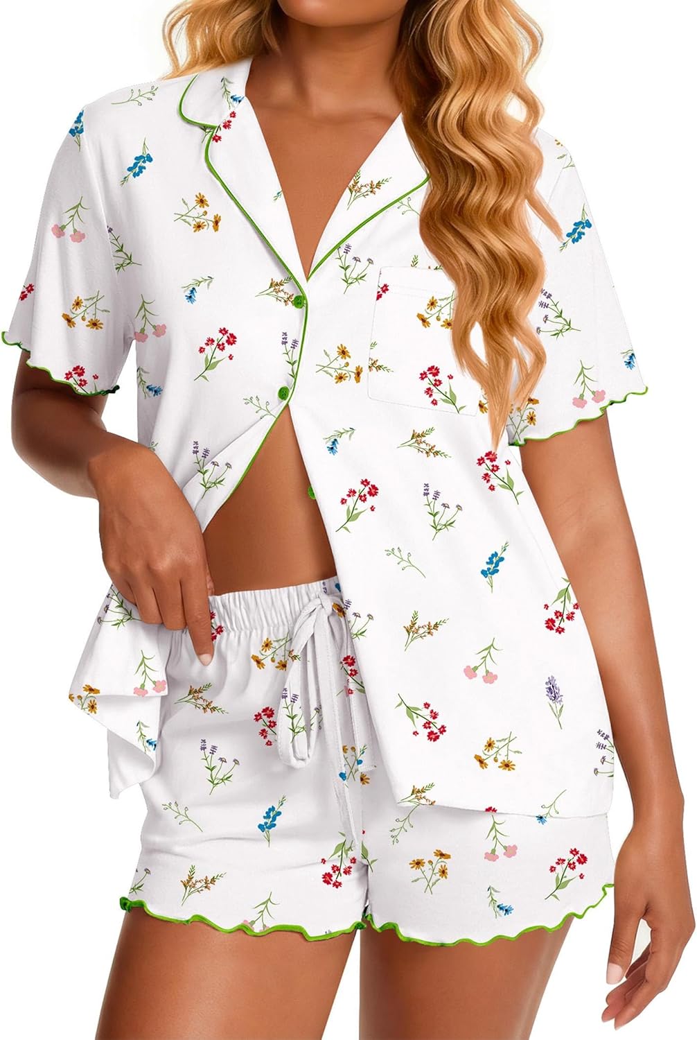 Ekouaer Viscose from Bamboo Women Pajama Sets Button Up Cooling Pjs Short Sleeve Ruffle Sleepwear 2 Piece Lounge Shorts Set