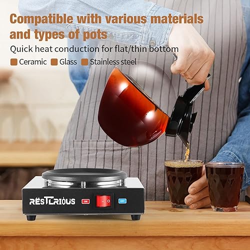 Miniatura 10 de Restlrious Calentador de café comercial de doble quemador, plato calentador, calentador portátil de acero inoxidable para decantador de vidrio