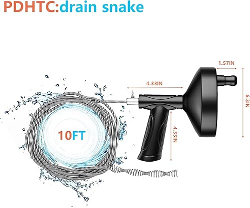 Miniatura 6 de PDHTC Barrena de drenaje, herramienta para eliminar obstrucciones de drenaje de serpiente de 10 pies para alcantarillas, cocinas y baños, viene con