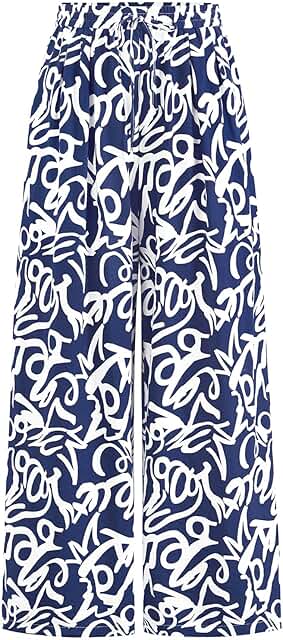 PRETTYGARDEN Womens Pants Elastic Waist Floral Lightweight Palazzo Pants...