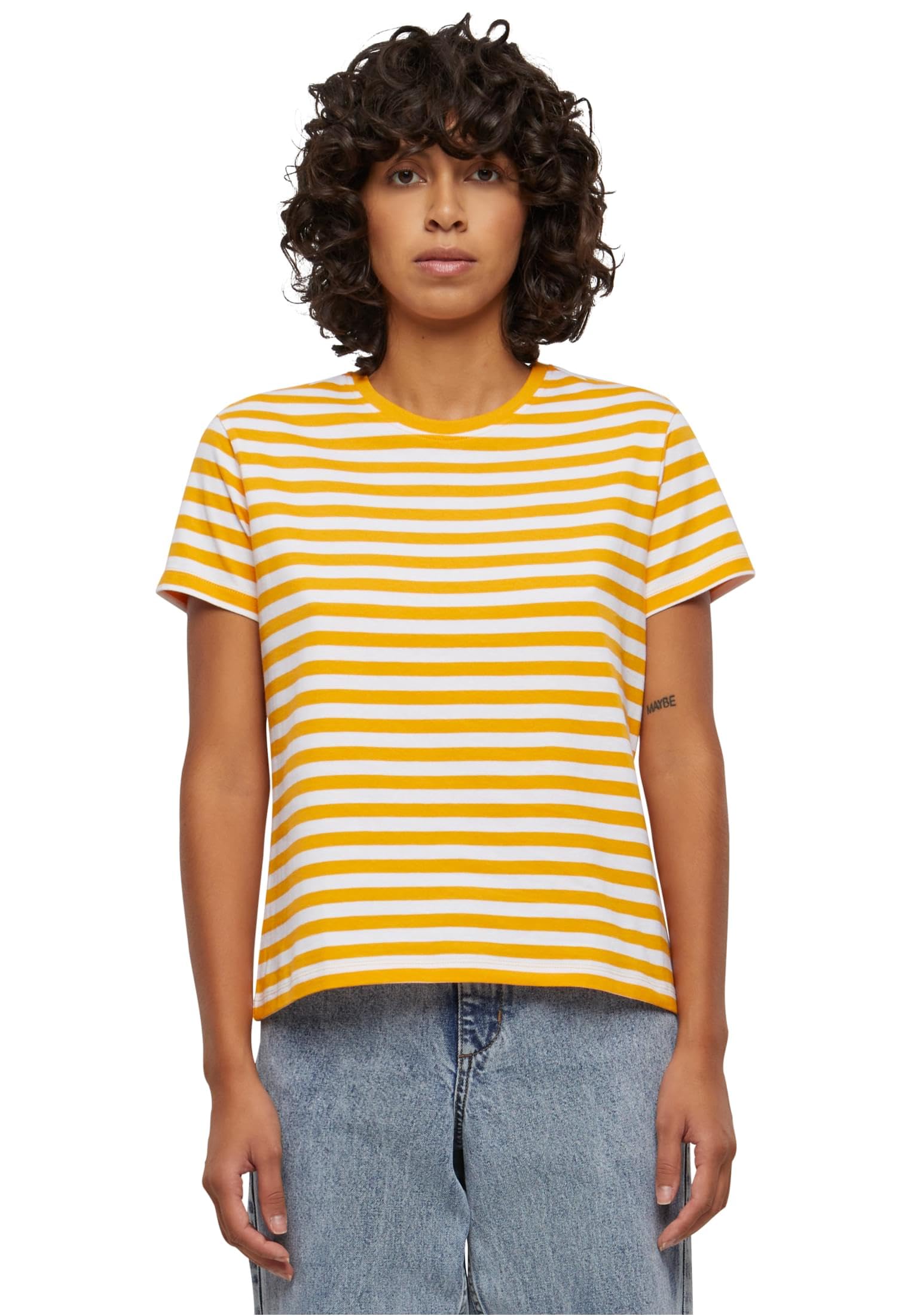Urban Classics Women's T-Shirt Ladies Regular Striped Tee White/Magicmango 3XL, White/Magicmango, XXXL