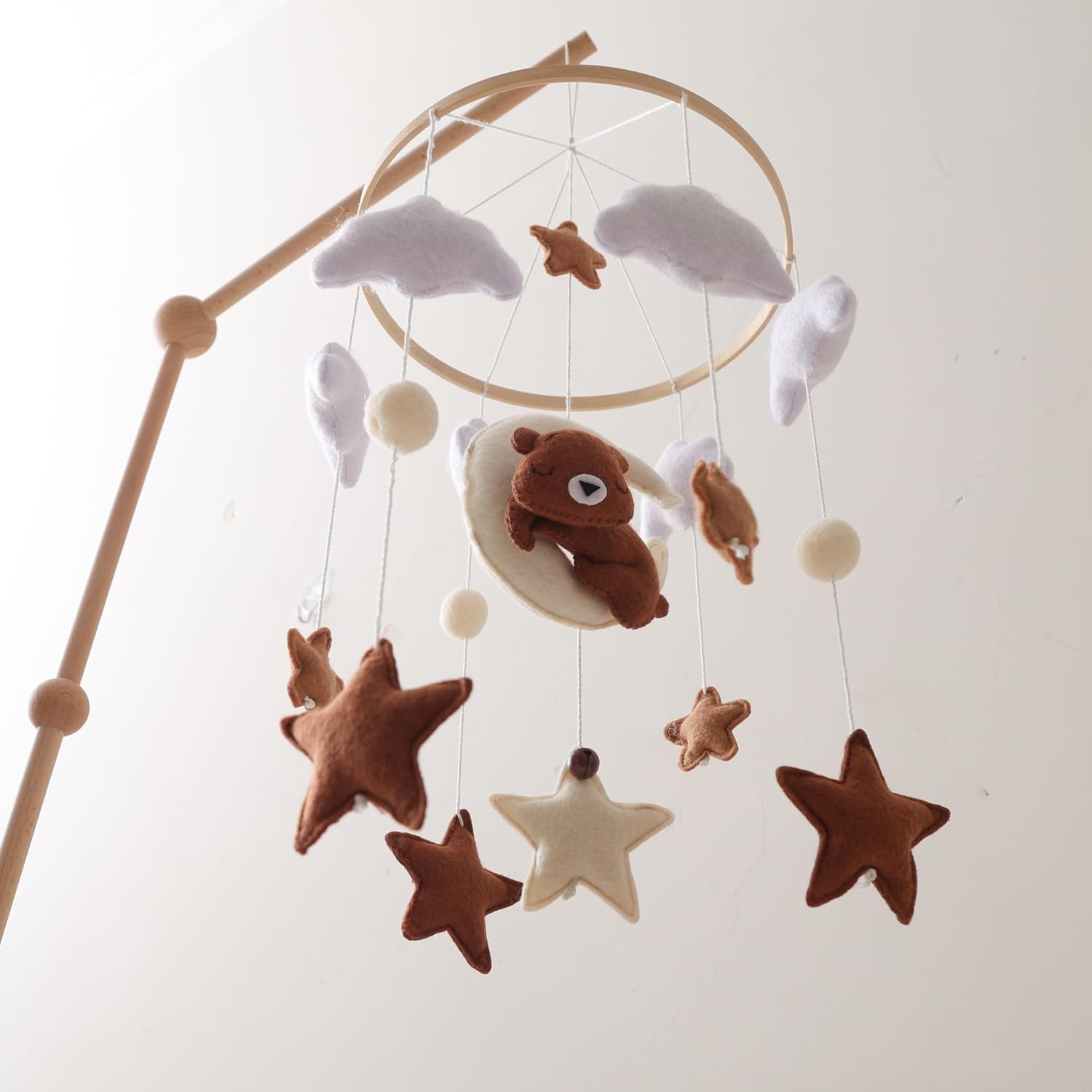 Hug Moon Bear Baby Bed Mobile Handmade Soothing Bedtime Baby Bed Mobile Baby Bed Felt Night Mood Nursery Decoration Suitable for Boys and Girls, Easy to Assemble&Durable Newborn Gift