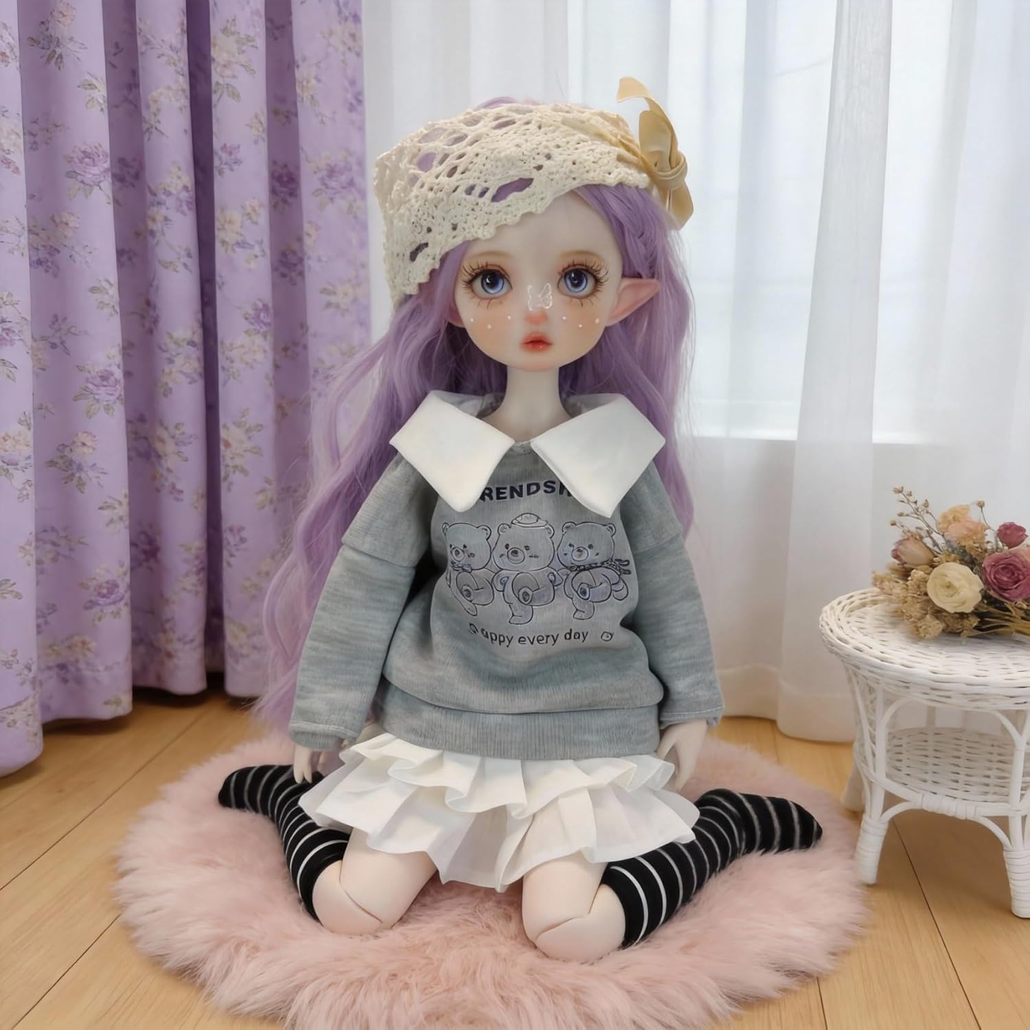 1/6 YoSD BJD Figure Outfit Set for 30cm Collectible – Soft Grey-Blue Sweater, Layered White Skirt & Crochet Headband, Doll Not Included