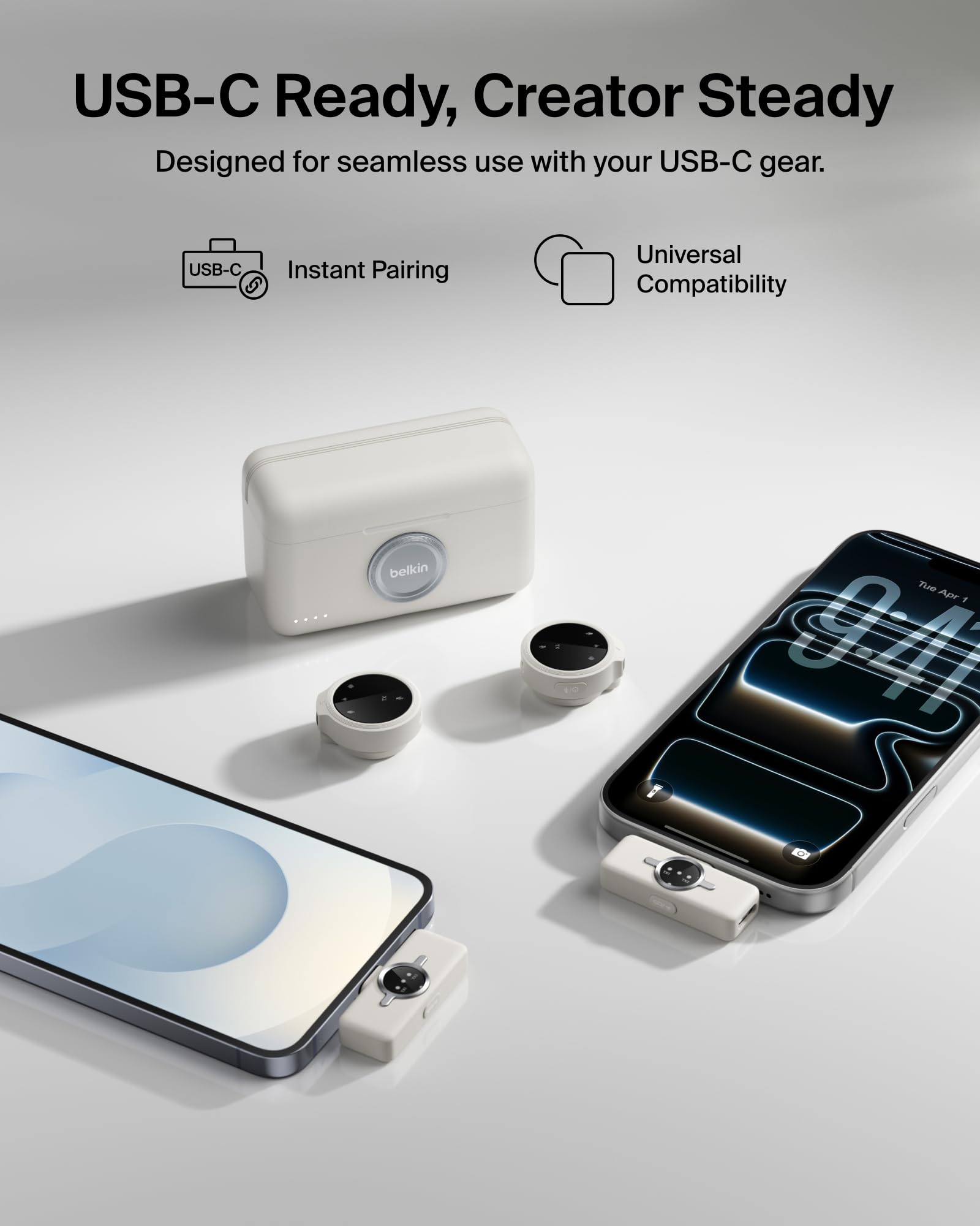 Belkin Stage Microfono Wireless a clip, 2 Microfoni Lavalier Omnidirezionali per Video Social per iPhone, Android, 24 bit/48 kHz, Batteria da 36 ore, Riduzione del rumore, per YouTube, Podcast e Vlog