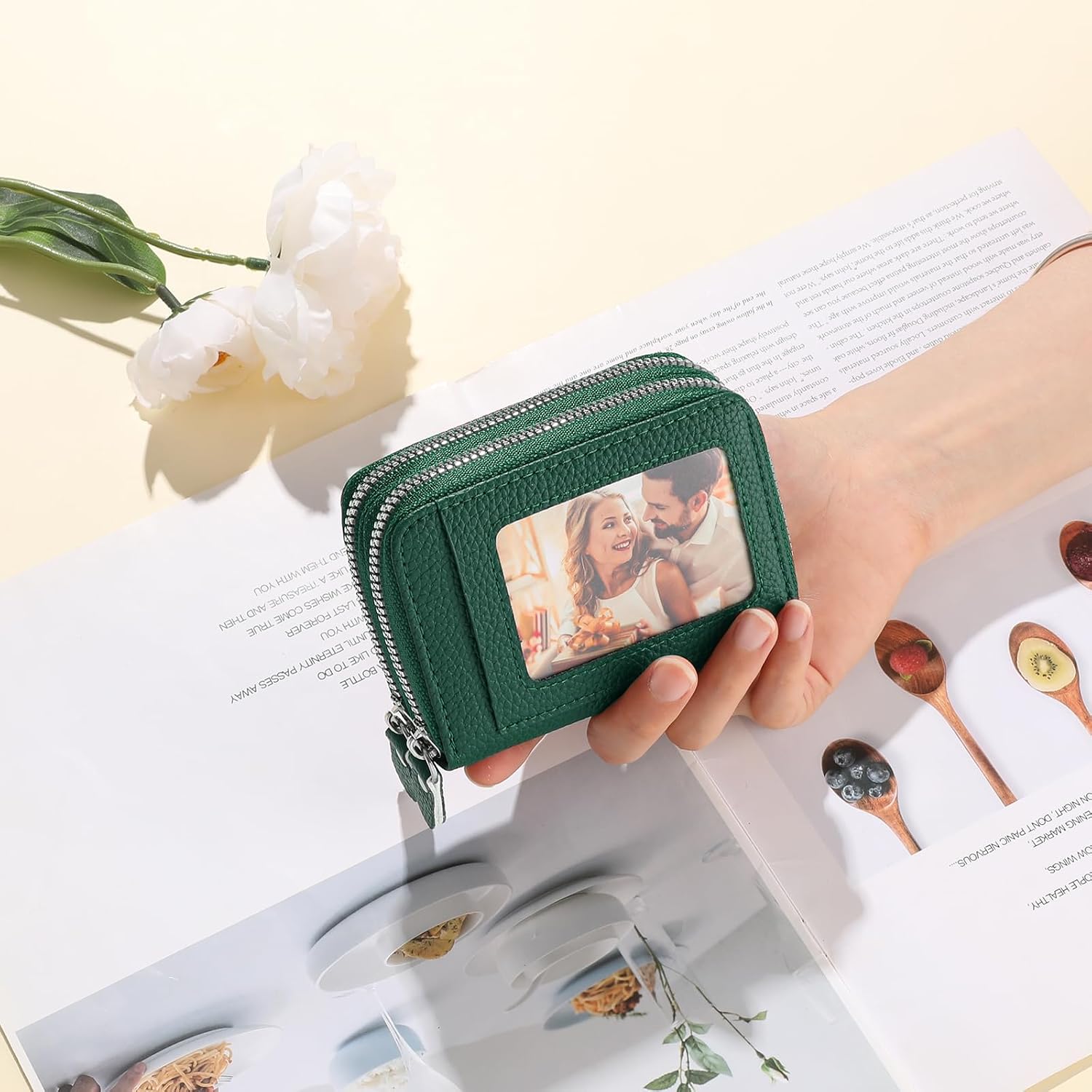 RNIEGA Credit Card Holder Wallet RFID Blocking Leather Small Wallet for Women Double Zipper Wallet with ID Window