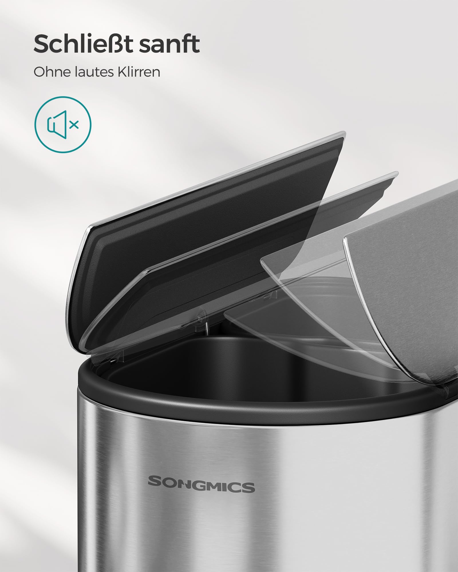 SONGMICS Mülleimer Küche, Mülltrennsystem 2 Fächer, 30 L und 20 L, schmaler Abfalleimer, Treteimer für Recyclingmaterialien und Abfall, mit 2-teiligem Deckel, metallicsilber LTB570E50
