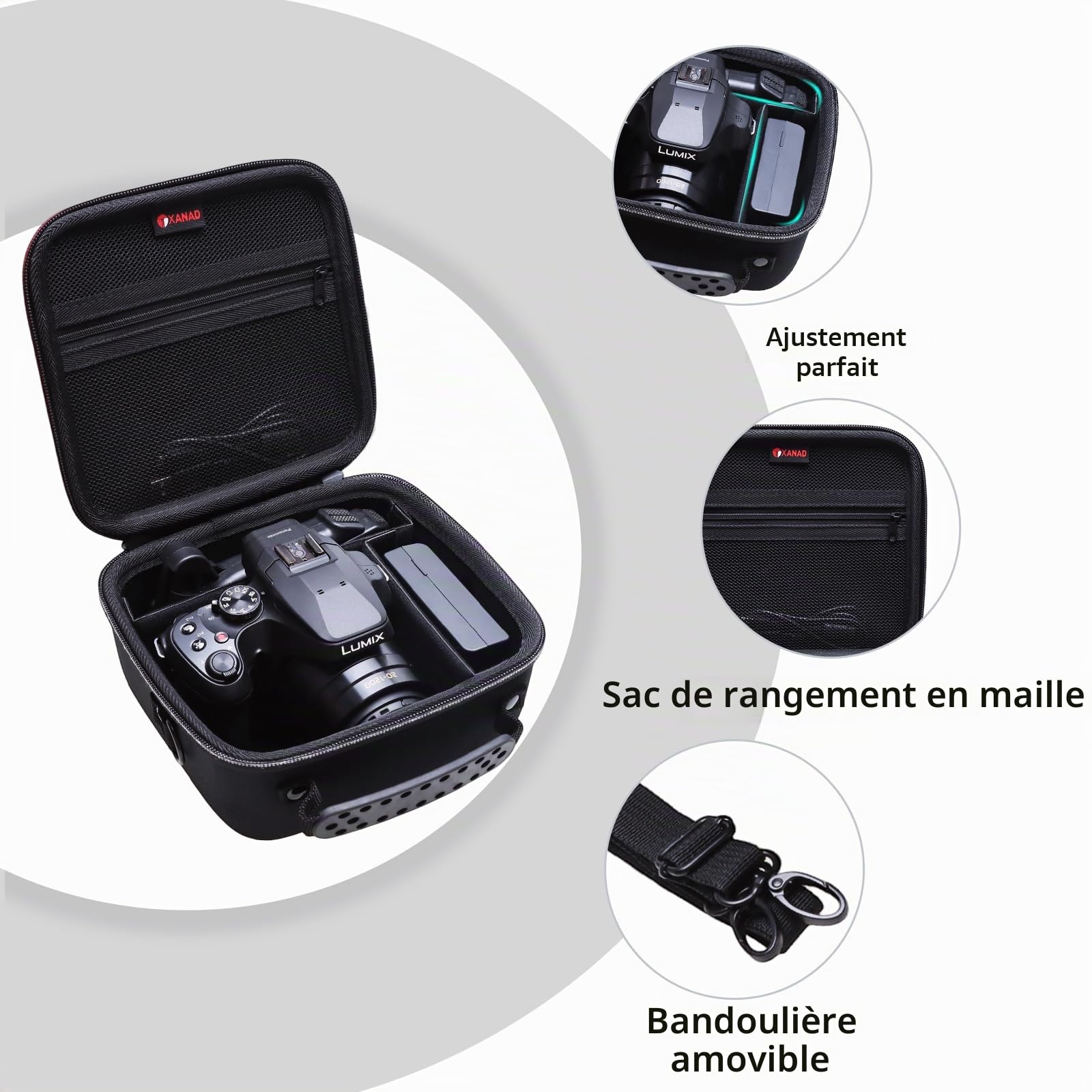 XANAD XNAND Étui pour Canon EOS R50 / R6 Mark II / R8 Mark II / R100 / R10 / R5 / R50 V/Panasonic LUMIX FZ80D / Kodak PIXPRO AZ425 / AZ255, avec cloisons Amovibles renforcées (Noir)