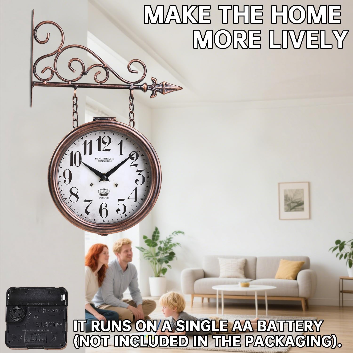 Wall Clock Iron London Clock Antique Double- Sided Clock Wrought Iron Antique Wall Art Numbered Iron Wall Decor Hanging Double Sided Room Wall Decoration Wall Clock Round/Brown