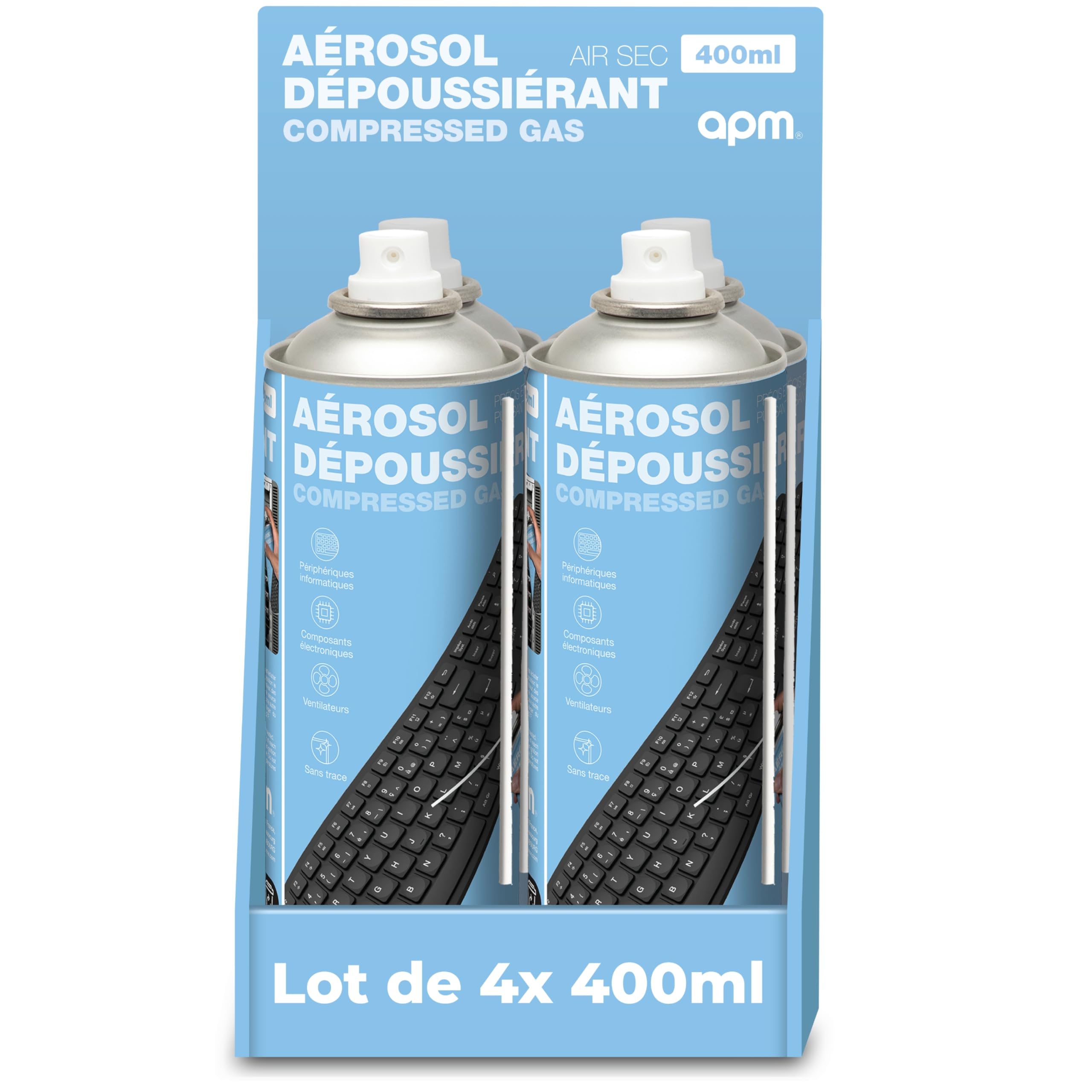 APM Lot 4 Bombes Air Sec 400ml, Aérosol Dépoussiérant Matériel Informatique, Spray Nettoyage Air Comprimé pour PC Clavier Mobile Appareil Photo et Composants électroniques, Buse de précision, 570052
