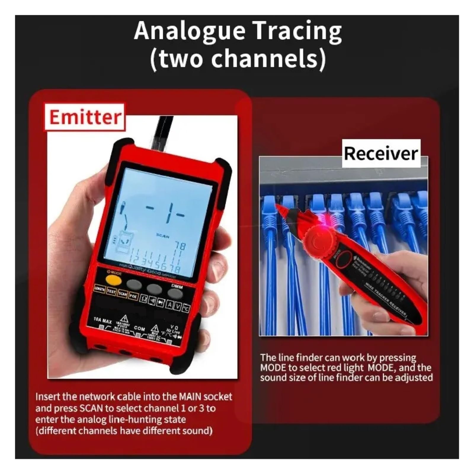 Tester for Cavi di Rete Multimetro Test Traccia Cavo LAN Lunghezza Misurazione Sensibilità Tracciante Linea Regolabile Leggero E Portatile(ET616)