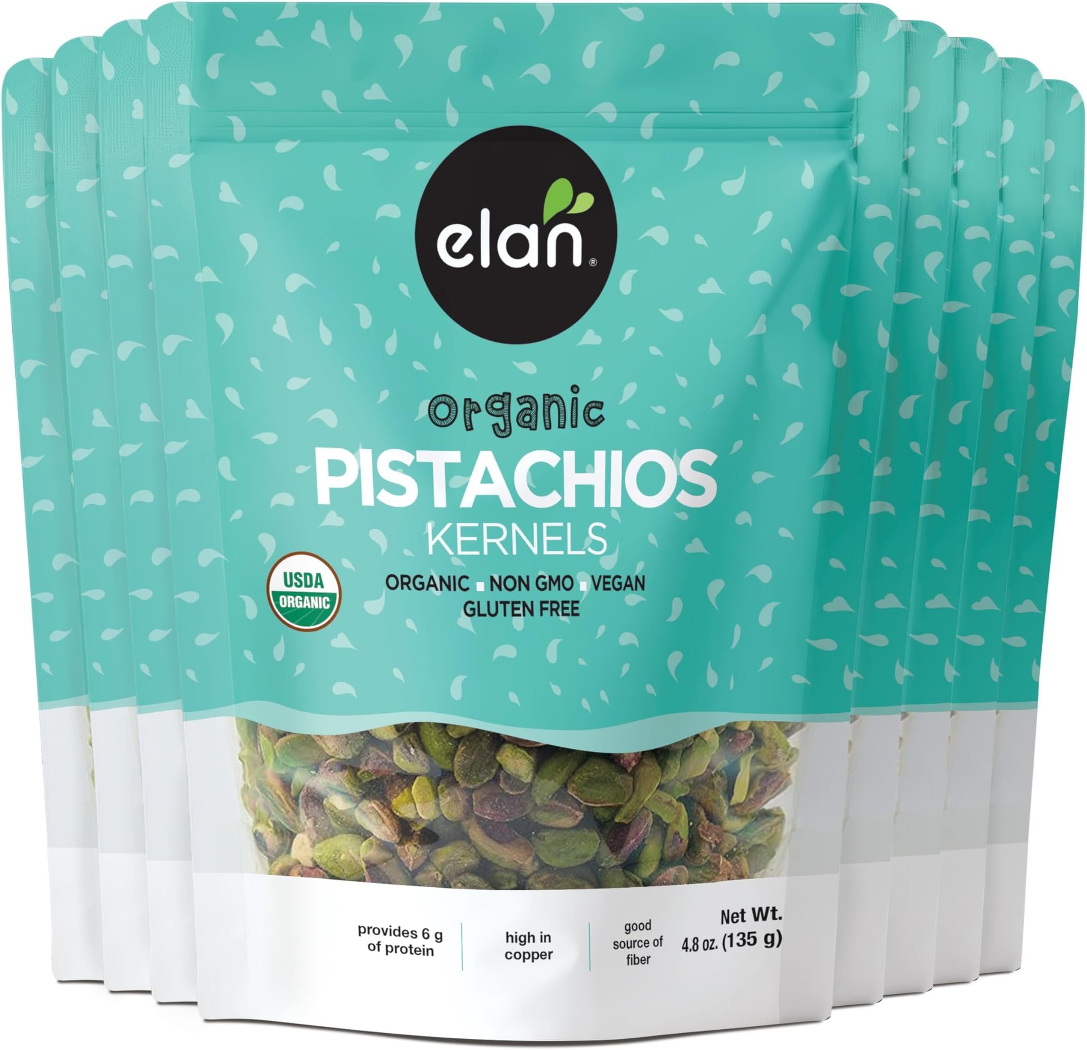 Elan Organic Raw Pistachios, Unsalted Kernels, No Shell,Pistachio Nuts, Non-GMO, Vegan, Gluten-Free, Kosher, Healthy Snacks, 8 pack of 4.8 oz