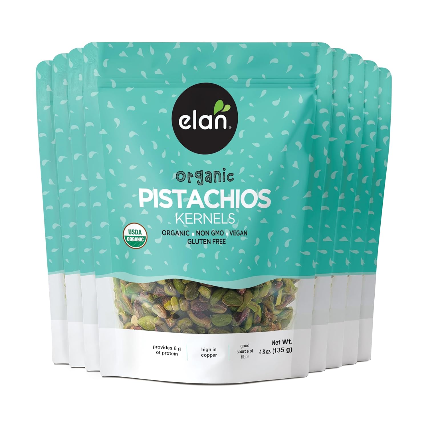 Elan Organic Raw Pistachios, Unsalted Kernels, No Shell,Pistachio Nuts, Non-GMO, Vegan, Gluten-Free, Kosher, Healthy Snacks, 8 pack of 4.8 oz