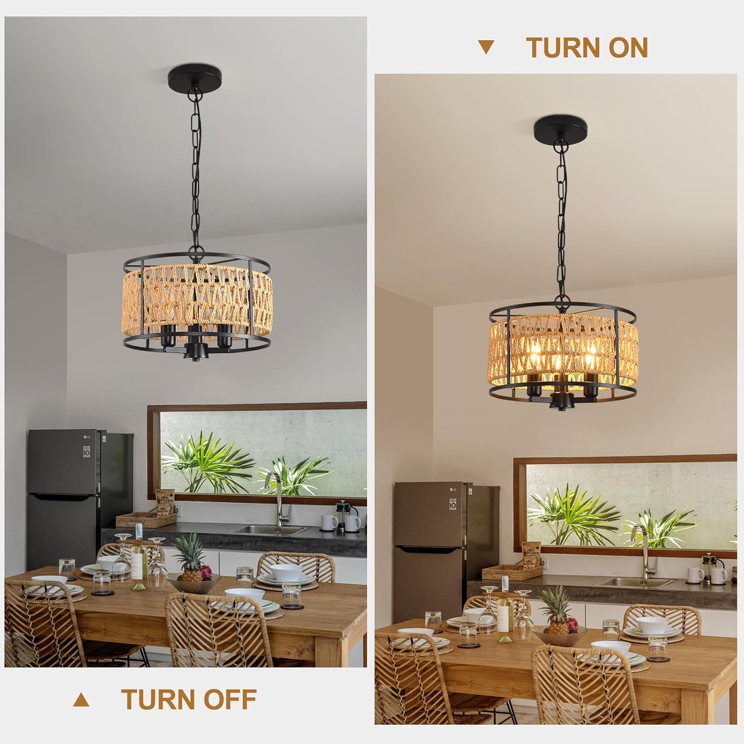 lobolighting Boho Rattan Chandelier, 11.8" 3-Lights Farmhouse Pendant Light with Hand Woven Drum Shade, Modern Black Chandelier for Dining Room Living Room Kitchen Island Bedroom