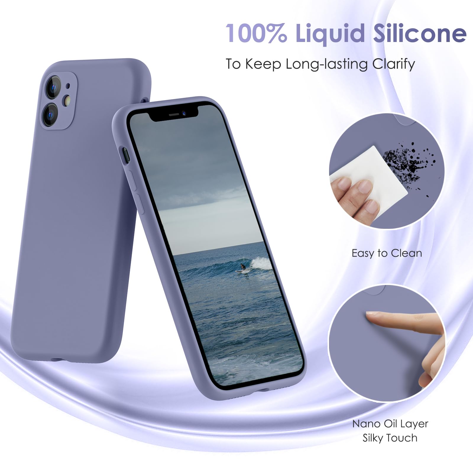 CALOOP Slim-Fit for iPhone 11 Case,Skin Soft Liquid Silicone,Sturdy Hard Frame Shockproof Cover with Anti-Scratch Microfiber Lining,Full Protection for Screen and Lens,6.1 inch(Lavender Gray) - Image 4