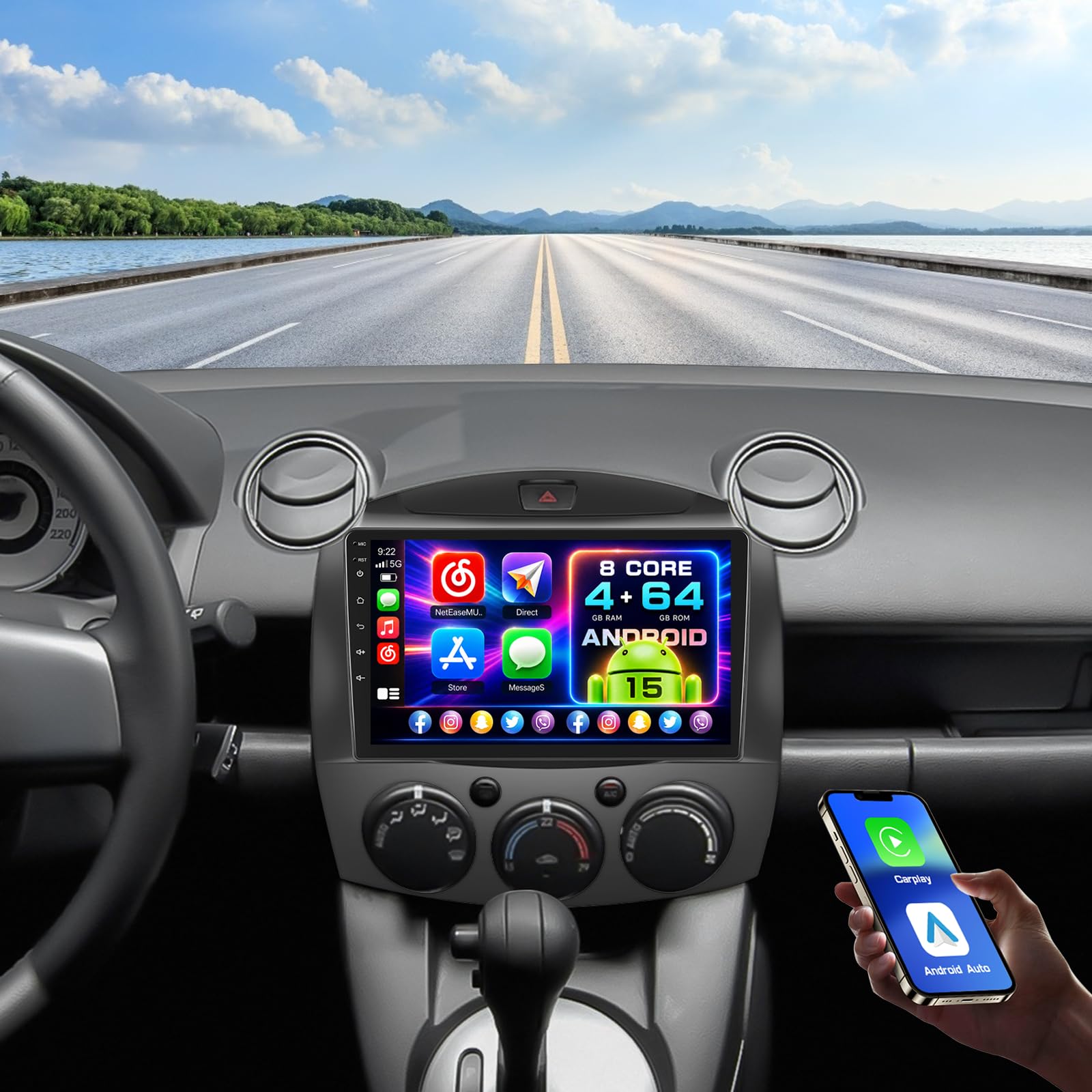 Autoradio Android 15 Mazda 2 tactile Bluetooth écran 9 pouces WiFi