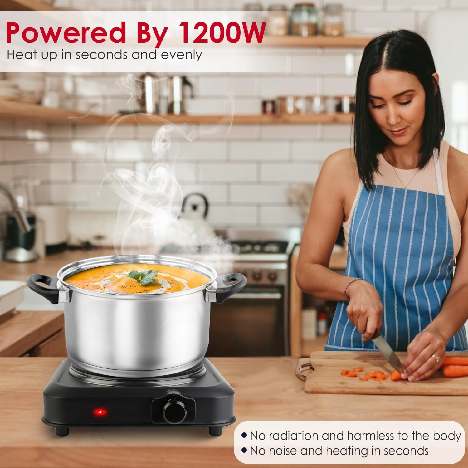 TeqHome Countertop Infrared Single Burner, 1200W Electric Hot Plate with 7.5" Ceramic Glass Cooktop, Stepless Temperature Adjustable & Heat-up In Seconds, for Home Dorm,Compatible with All Cookware