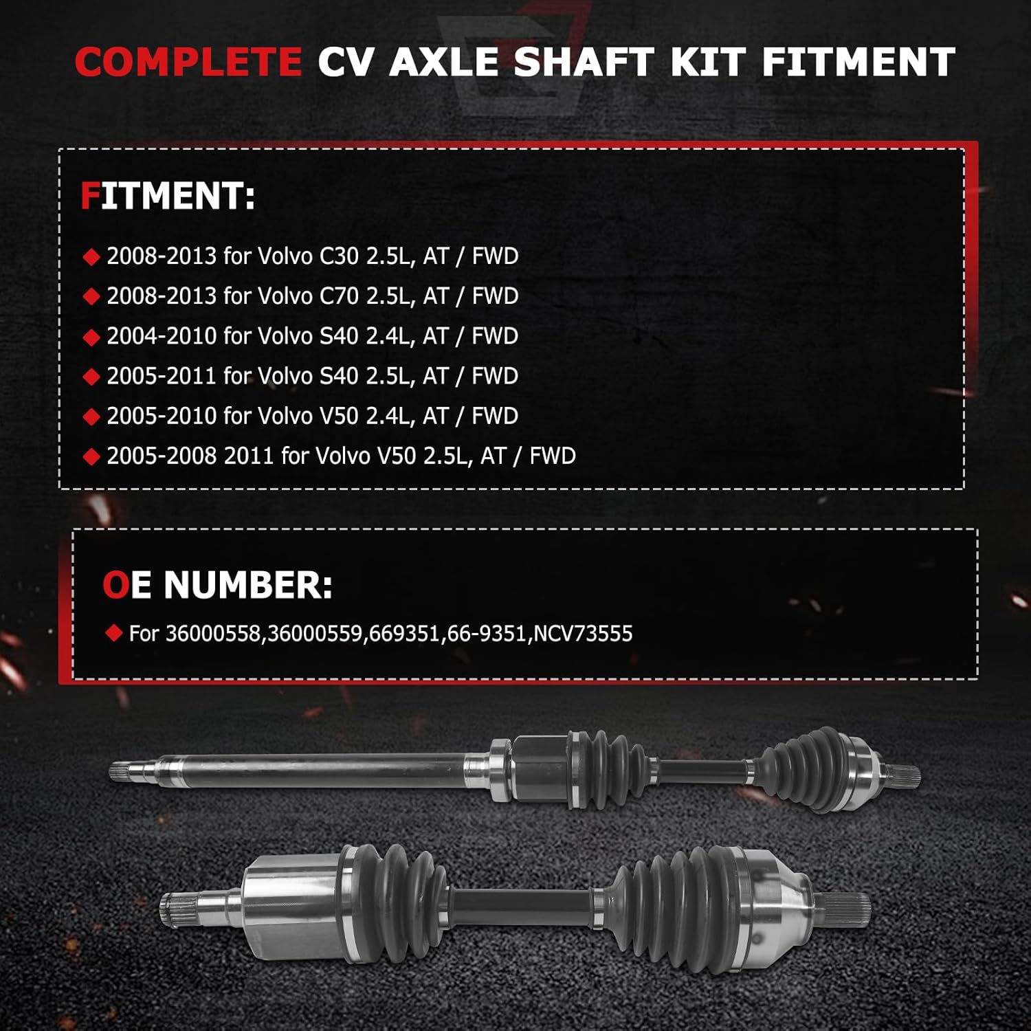 Front Left Right 2PCS CV Axle Shaft for Volvo C30 2008-2013 for Volvo C70 2008-2013 for Volvo S40 2004-2011 for Volvo V50 2005-2011, 66-9351 CV Joint Shaft