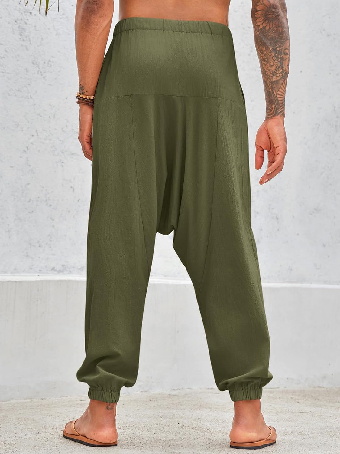 PASLTER Mens Harem Pants Baggy Casual Cotton Linen Boho Yoga Drop Crotch Hippie Trousers - Image 3