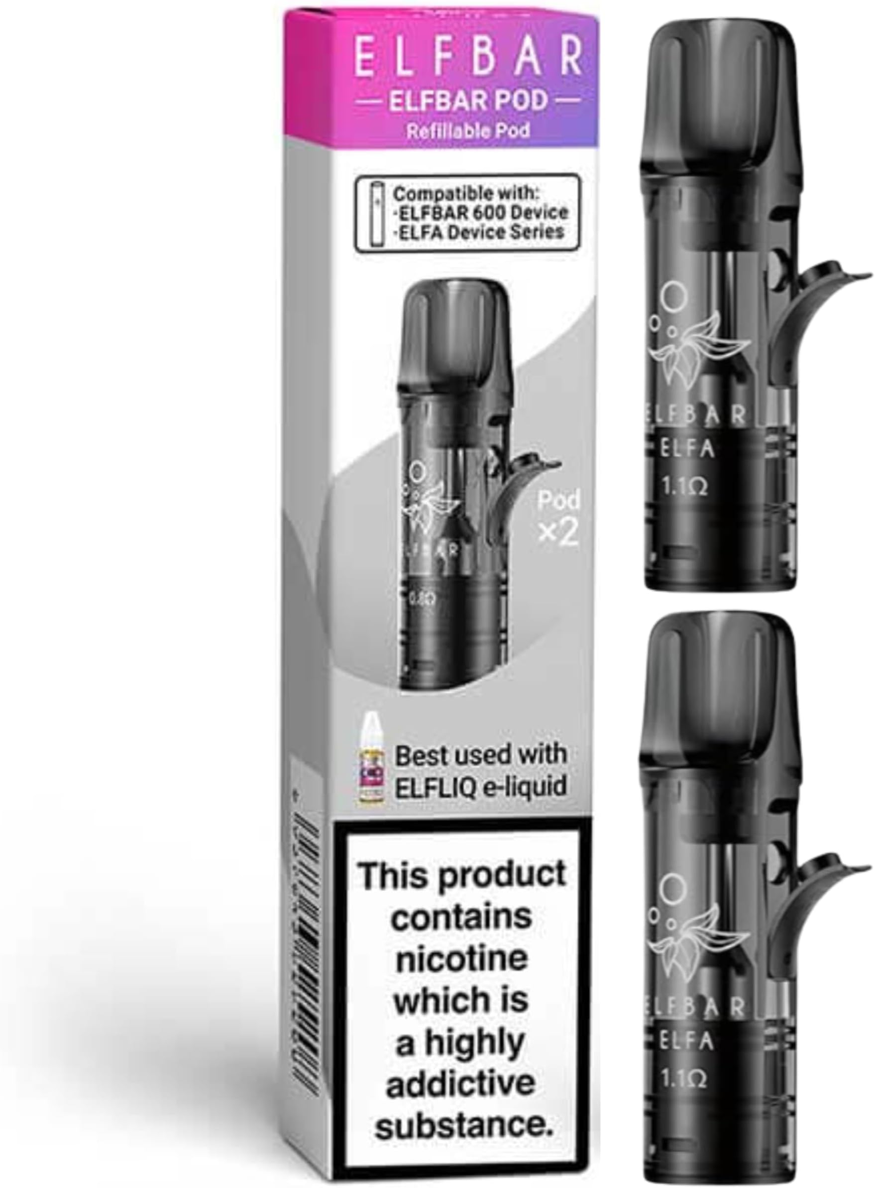 Elfbar 600 Empty Refillable Pods (1.1Ω 2 Pack) - 2ml Capacity - MTL Vaping - Compatible with Elf Bar 600, Elfa Pro, Elfa Turbo, Lost Mary Tappo & Hawcos x Crystal Pro Kit - No Nicotine