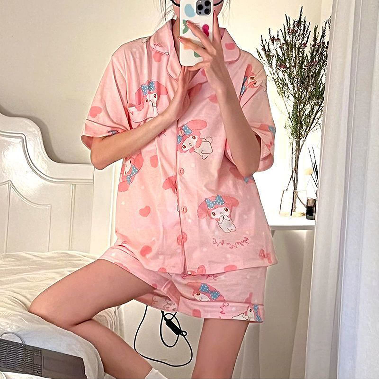 Oxsioeih Kawaii Pajamas For Women Two-Piece Set Cute Cartoon Girls Pajamas Pants Cardigan Sleepwear Home Clothes