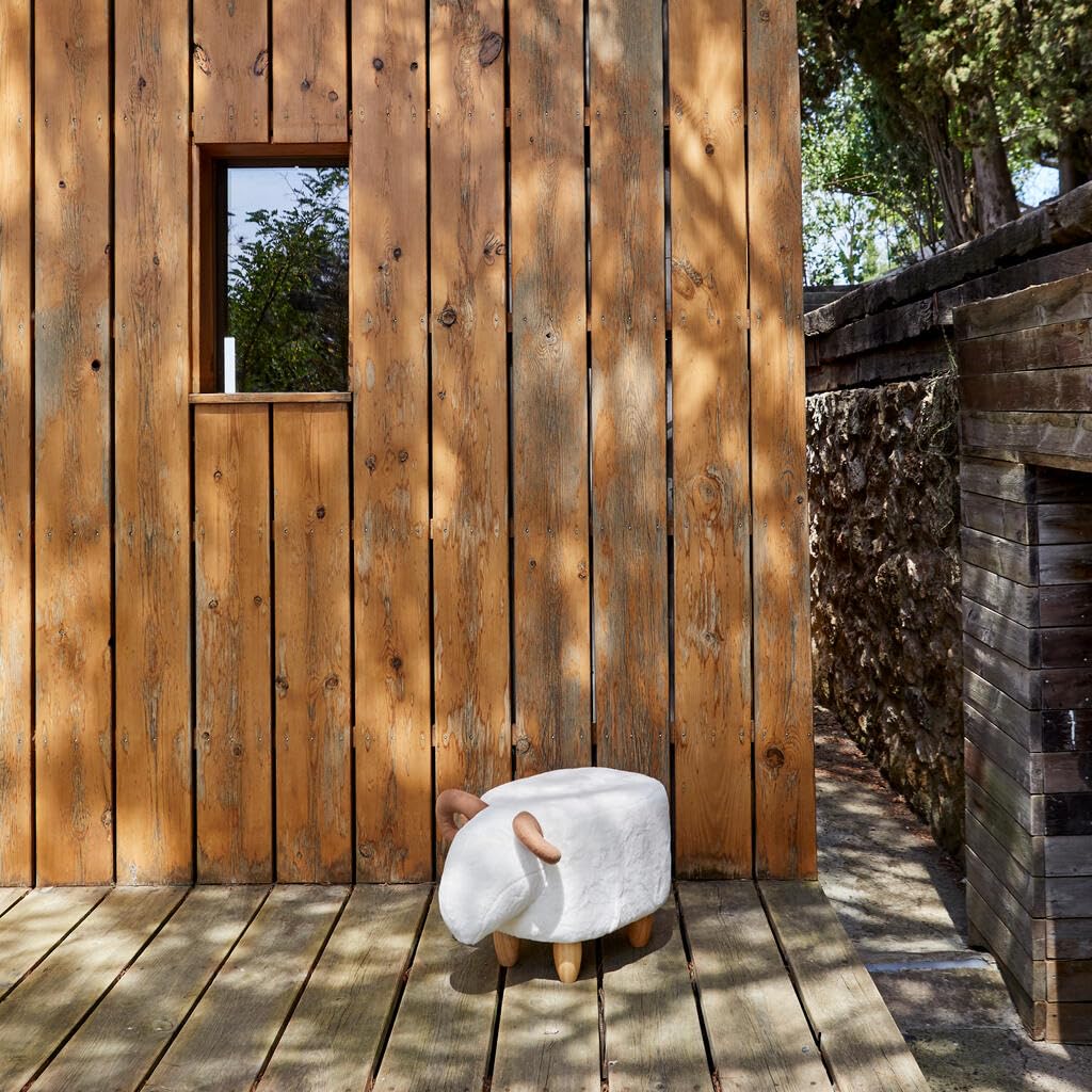 Balvi Tabouret Le Mouton Couleur Blanc en Forme de Mouton Pattes en Bois Polyster/Bois