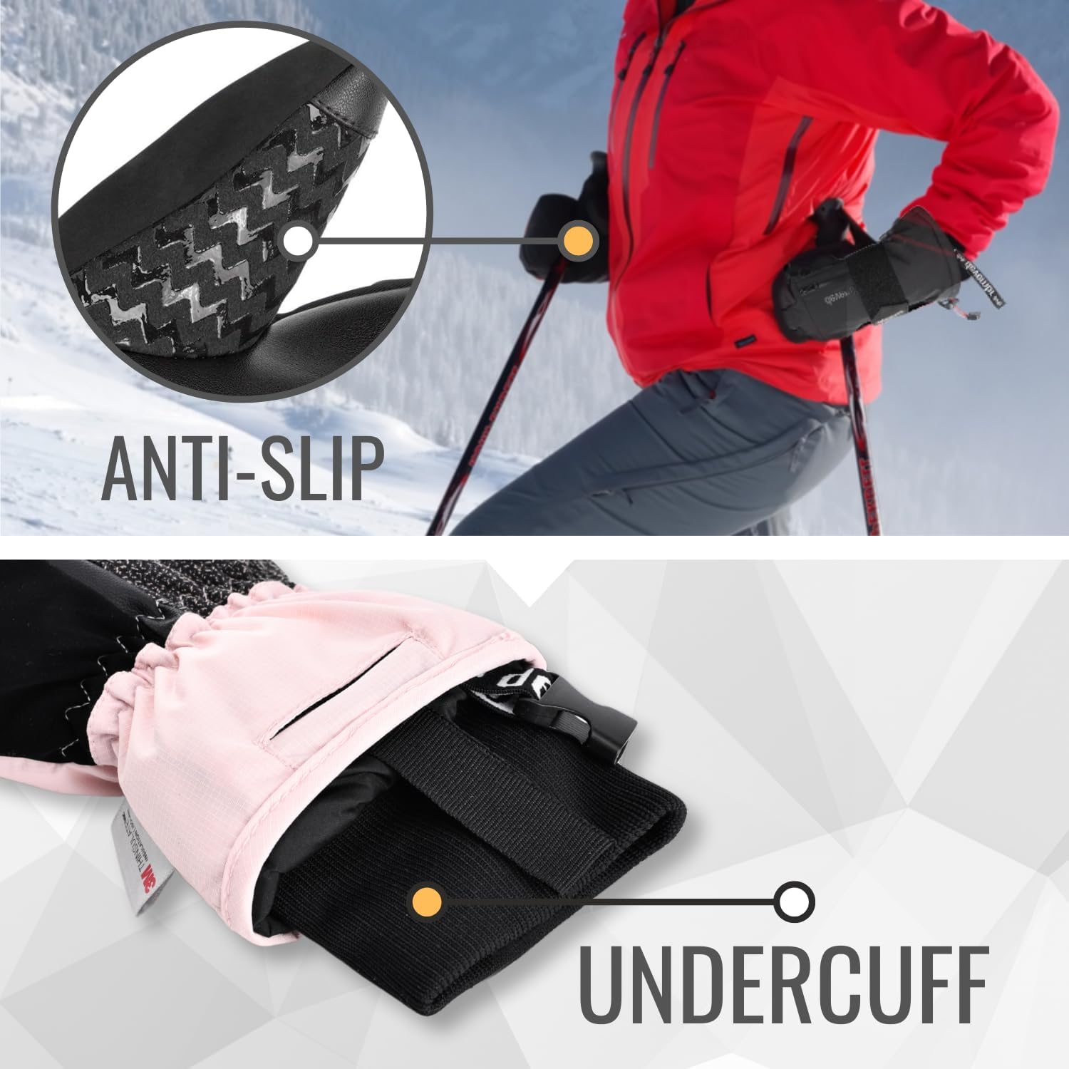 devembr Ski Gloves with Wrist Guards and Undercuff Design, Snowboarding Gloves Touchscreen - Image 5