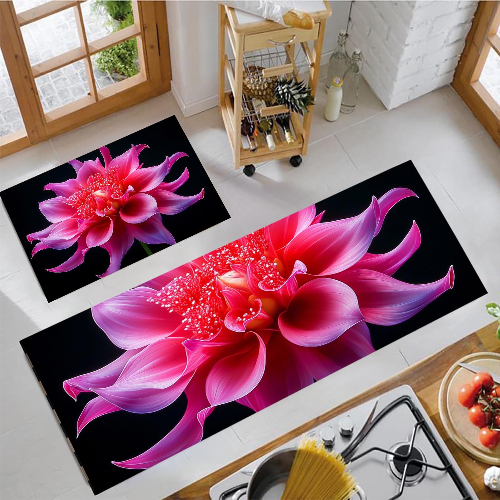 Juego de 2 tapetes de cocina antideslizantes Dalia Rosa lavables de 50x80 y 50x120 cm